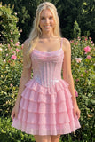 Champagne A Line Sequin Tiered Ruffle Short Homecoming Dress