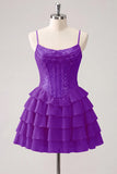 Champagne A Line Sequin Tiered Ruffle Short Homecoming Dress