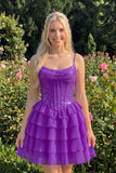 Champagne A Line Sequin Tiered Ruffle Short Homecoming Dress