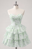 Strapless Floral A Line Sequin Corset Pink Homecoming Dress