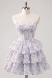 Strapless Floral A Line Sequin Corset Pink Homecoming Dress