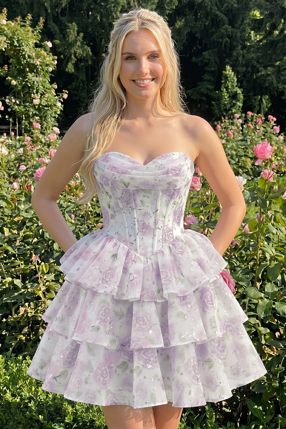 light pink floral hoco dress Stacees Grape Floral Corset Homecoming Dress Short Mini Strapless Tiered Ruffle Ships in 48hrs