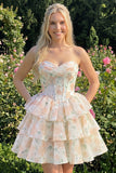 Strapless Floral A Line Sequin Corset Pink Homecoming Dress