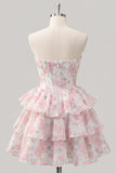 Strapless Floral A Line Sequin Corset Pink Homecoming Dress