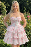 Strapless Floral A Line Sequin Corset Pink Homecoming Dress