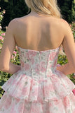 Strapless Floral A Line Sequin Corset Pink Homecoming Dress