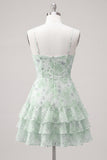 Floral Light Green Tiered Ruffle A Line Short Homecoming Dress