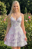 Floral Light Green Tiered Ruffle A Line Short Homecoming Dress