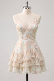 Floral Light Green Tiered Ruffle A Line Short Homecoming Dress