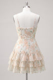 Floral Light Green Tiered Ruffle A Line Short Homecoming Dress