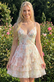 Floral Light Green Tiered Ruffle A Line Short Homecoming Dress