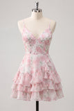 Floral Light Green Tiered Ruffle A Line Short Homecoming Dress