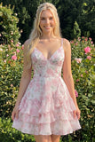 Floral Light Green Tiered Ruffle A Line Short Homecoming Dress