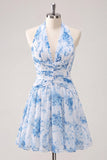 Light Blue Floral Halter A Line Homecoming Dress