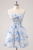Strapless Tiered A Line Cut Out Floral Pink Homecoming Dress