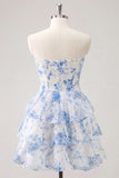 Strapless Tiered A Line Cut Out Floral Pink Homecoming Dress