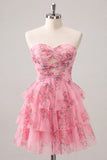 Strapless Tiered A Line Cut Out Floral Pink Homecoming Dress