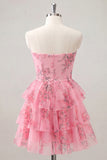 Strapless Tiered A Line Cut Out Floral Pink Homecoming Dress