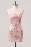 Sparkly White Floral Bodycon Short Homecoming Dress with Lace-up Back