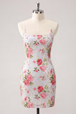 Sparkly White Floral Bodycon Short Homecoming Dress with Lace-up Back