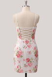 Sparkly White Floral Bodycon Short Homecoming Dress with Lace-up Back