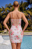 Sparkly White Floral Bodycon Short Homecoming Dress with Lace-up Back