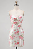 Floral White Strapless Cut Out Bodycon Homecoming Dress