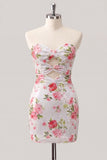 Floral White Strapless Cut Out Bodycon Homecoming Dress