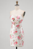 Floral White Strapless Cut Out Bodycon Homecoming Dress