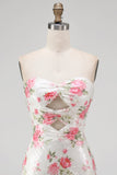 Floral White Strapless Cut Out Bodycon Homecoming Dress