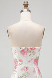 Floral White Strapless Cut Out Bodycon Homecoming Dress
