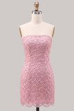 Sparkly Pink Strapless Bodycon Homecoming Dress with Lace-up Back