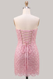 Sparkly Pink Strapless Bodycon Homecoming Dress with Lace-up Back