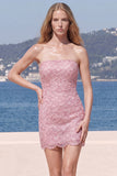 Sparkly Pink Strapless Bodycon Homecoming Dress with Lace-up Back
