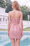 Sparkly Pink Strapless Bodycon Homecoming Dress with Lace-up Back