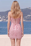 Sparkly Pink Strapless Bodycon Homecoming Dress with Lace-up Back