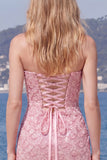 Sparkly Pink Strapless Bodycon Homecoming Dress with Lace-up Back