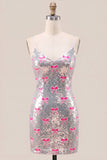 Bodycon Silver Pink Bow Spaghetti Straps Short Homecoming Dress