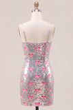 Bodycon Silver Pink Bow Spaghetti Straps Short Homecoming Dress