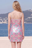 Bodycon Silver Pink Bow Spaghetti Straps Short Homecoming Dress