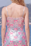 Bodycon Silver Pink Bow Spaghetti Straps Short Homecoming Dress