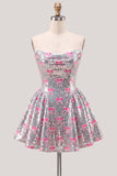 Silver A Line Strapless Short Homecoming Dress with Pink Bows