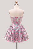 Silver A Line Strapless Short Homecoming Dress with Pink Bows