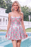 Silver A Line Strapless Short Homecoming Dress with Pink Bows