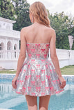 Silver A Line Strapless Short Homecoming Dress with Pink Bows