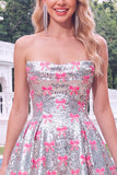 Silver A Line Strapless Short Homecoming Dress with Pink Bows