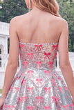 Silver A Line Strapless Short Homecoming Dress with Pink Bows