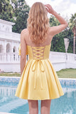 Strapless A Line Short Yellow Homecoming Dress with Lace-up Back