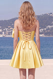 Strapless A Line Short Yellow Homecoming Dress with Lace-up Back