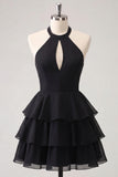 Blue Floral Halter A Line Tiered Ruffle Homecoming Dress